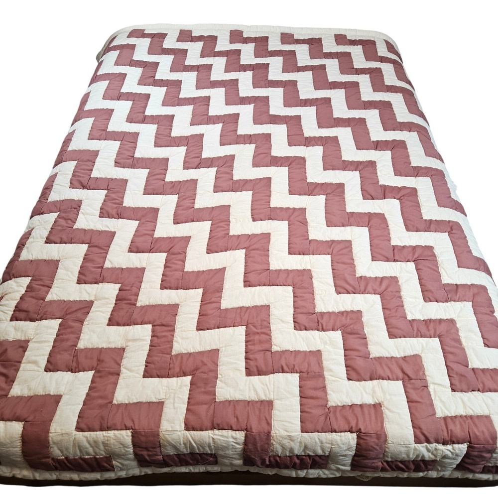 Hand made hand stitched red and white chevron quilted comforter twin